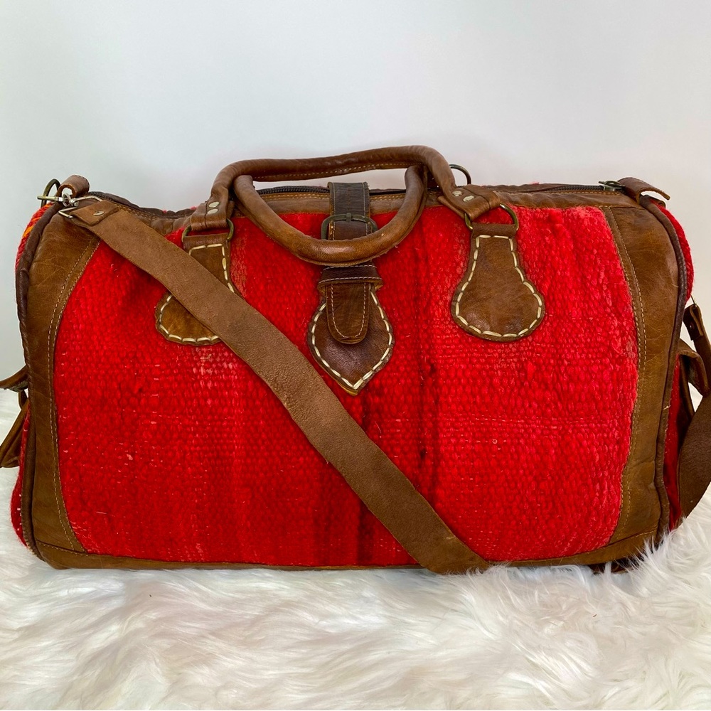Handmade Moroccan Leather Kilim Carpet Unisex Weekend Duffle Travel Bag